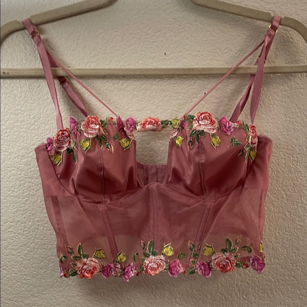 Pink sheer Floral Embroidered Bustier bralette babydoll whimsy coquette 14x8